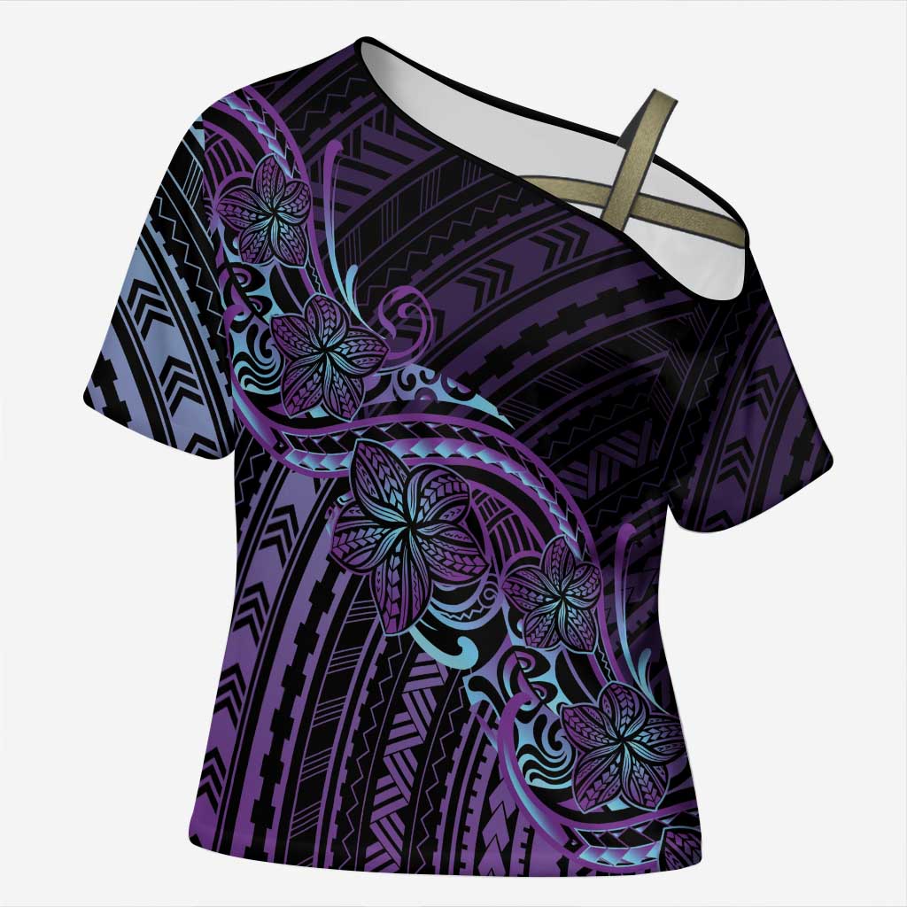 Teal Purple Polynesia Plumeria Tattoo Cross Shoulder Shirt LT14 Female Purple - Polynesian Pride
