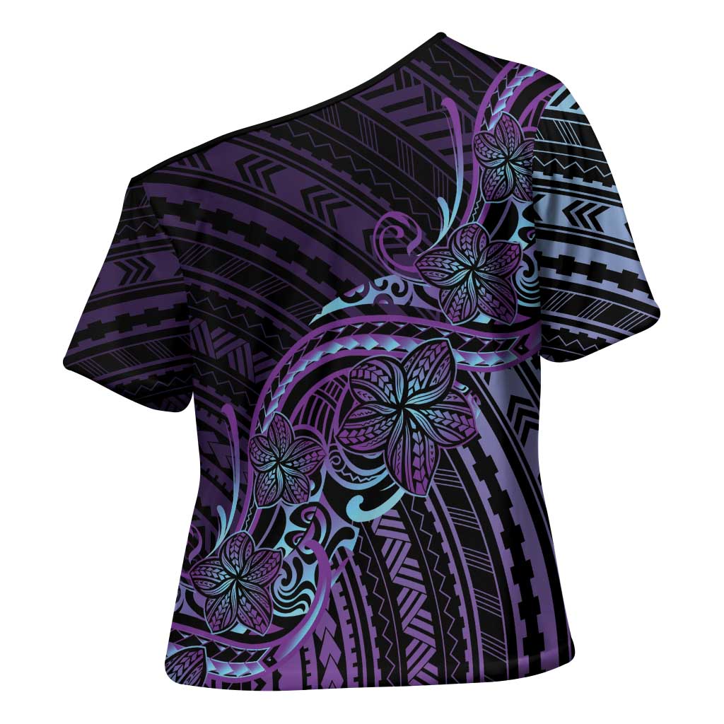 Teal Purple Polynesia Plumeria Tattoo Cross Shoulder Shirt LT14 - Polynesian Pride