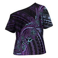 Teal Purple Polynesia Plumeria Tattoo Cross Shoulder Shirt LT14 - Polynesian Pride