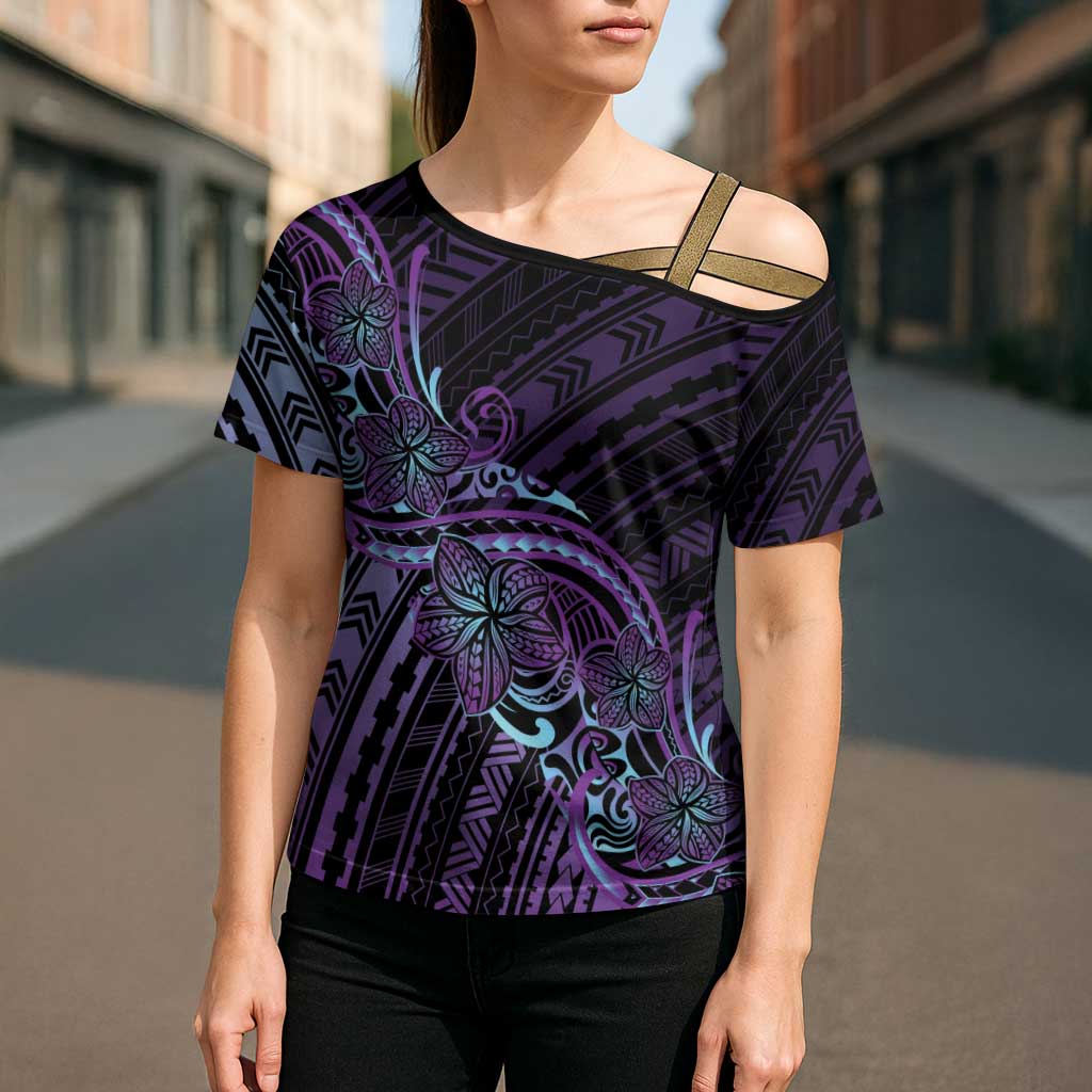 Teal Purple Polynesia Plumeria Tattoo Cross Shoulder Shirt LT14 - Polynesian Pride