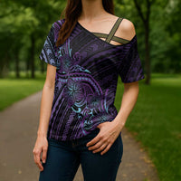 Teal Purple Polynesia Plumeria Tattoo Cross Shoulder Shirt LT14 - Polynesian Pride