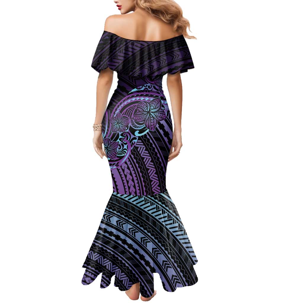 Teal Purple Polynesia Plumeria Tattoo Family Matching Mermaid Dress and Hawaiian Shirt