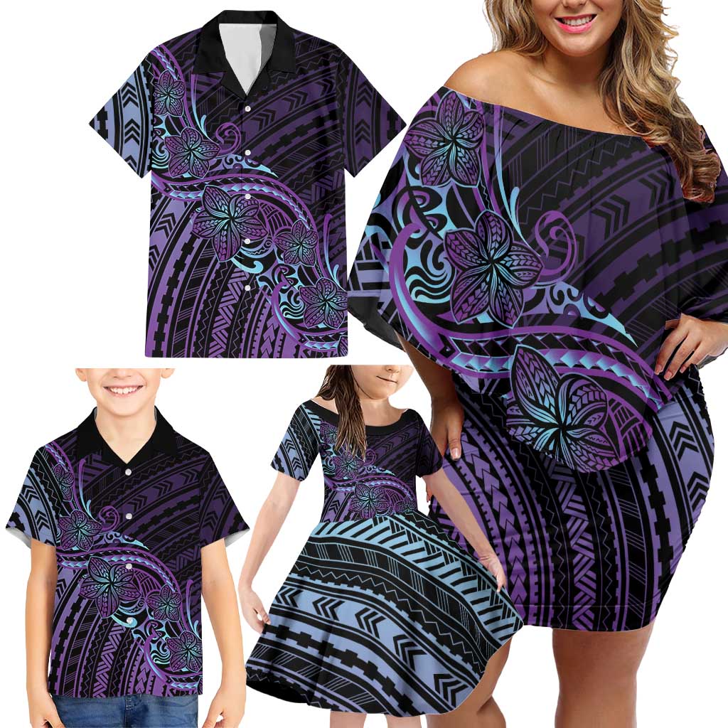 Teal Purple Polynesia Plumeria Tattoo Family Matching Off Shoulder Short Dress and Hawaiian Shirt LT14 - Polynesian Pride