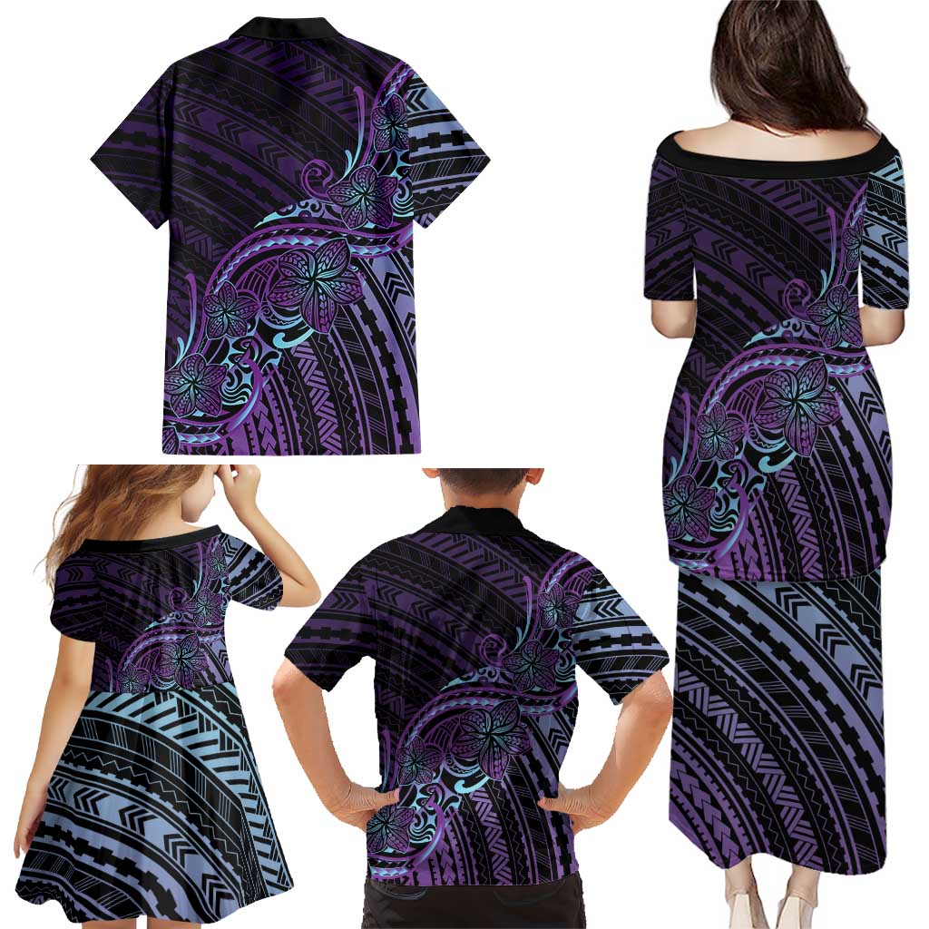 Teal Purple Polynesia Plumeria Tattoo Family Matching Puletasi and Hawaiian Shirt