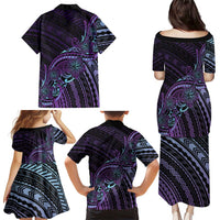 Teal Purple Polynesia Plumeria Tattoo Family Matching Puletasi and Hawaiian Shirt