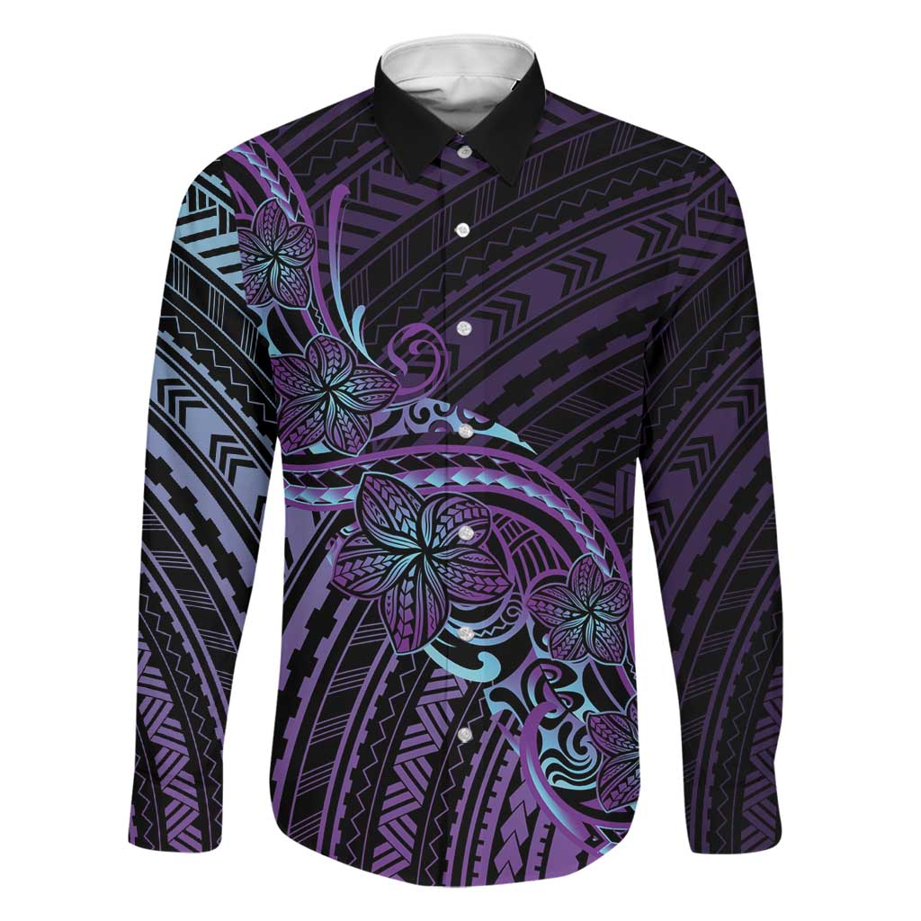 Teal Purple Polynesia Plumeria Tattoo Family Matching Puletasi and Hawaiian Shirt