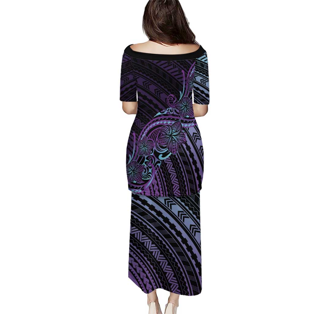 Teal Purple Polynesia Plumeria Tattoo Family Matching Puletasi and Hawaiian Shirt