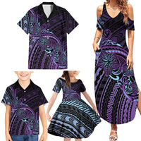 Teal Purple Polynesia Plumeria Tattoo Family Matching Summer Maxi Dress and Hawaiian Shirt