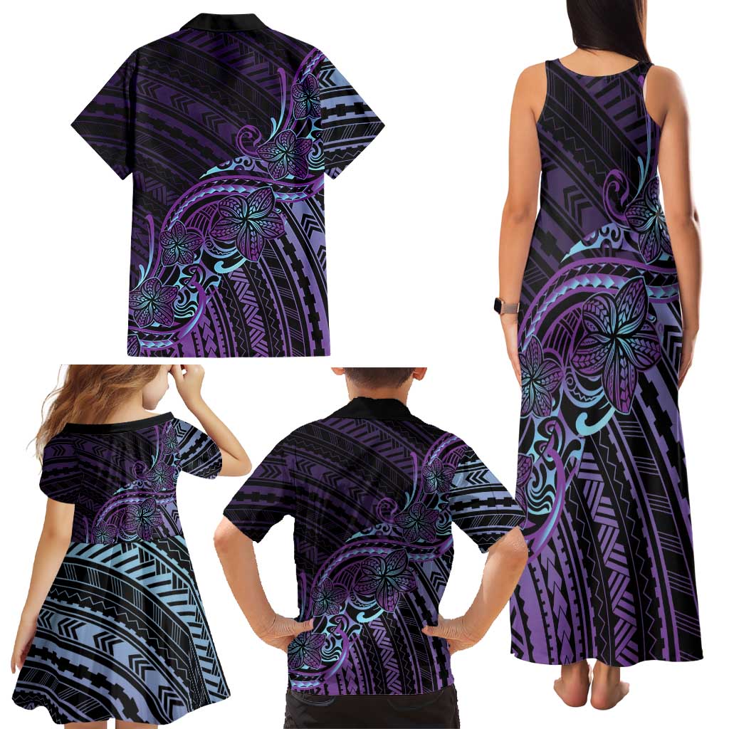 Teal Purple Polynesia Plumeria Tattoo Family Matching Tank Maxi Dress and Hawaiian Shirt
