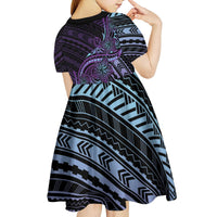 Teal Purple Polynesia Plumeria Tattoo Kid Short Sleeve Dress LT14 - Polynesian Pride