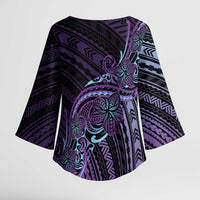 Teal Purple Polynesia Plumeria Tattoo Kimono Sleeve Blouse LT14 - Polynesian Pride