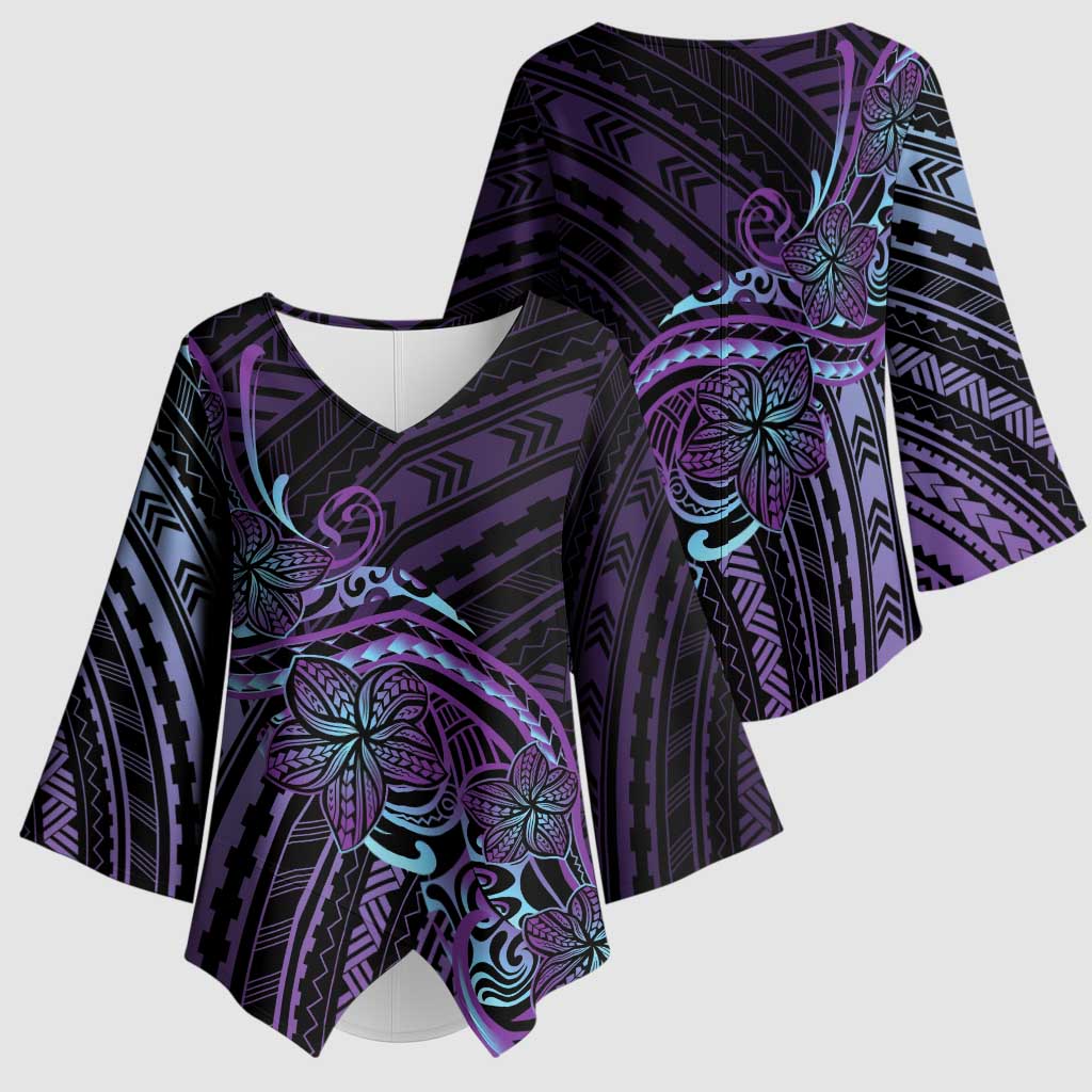Teal Purple Polynesia Plumeria Tattoo Kimono Sleeve Blouse LT14 - Polynesian Pride