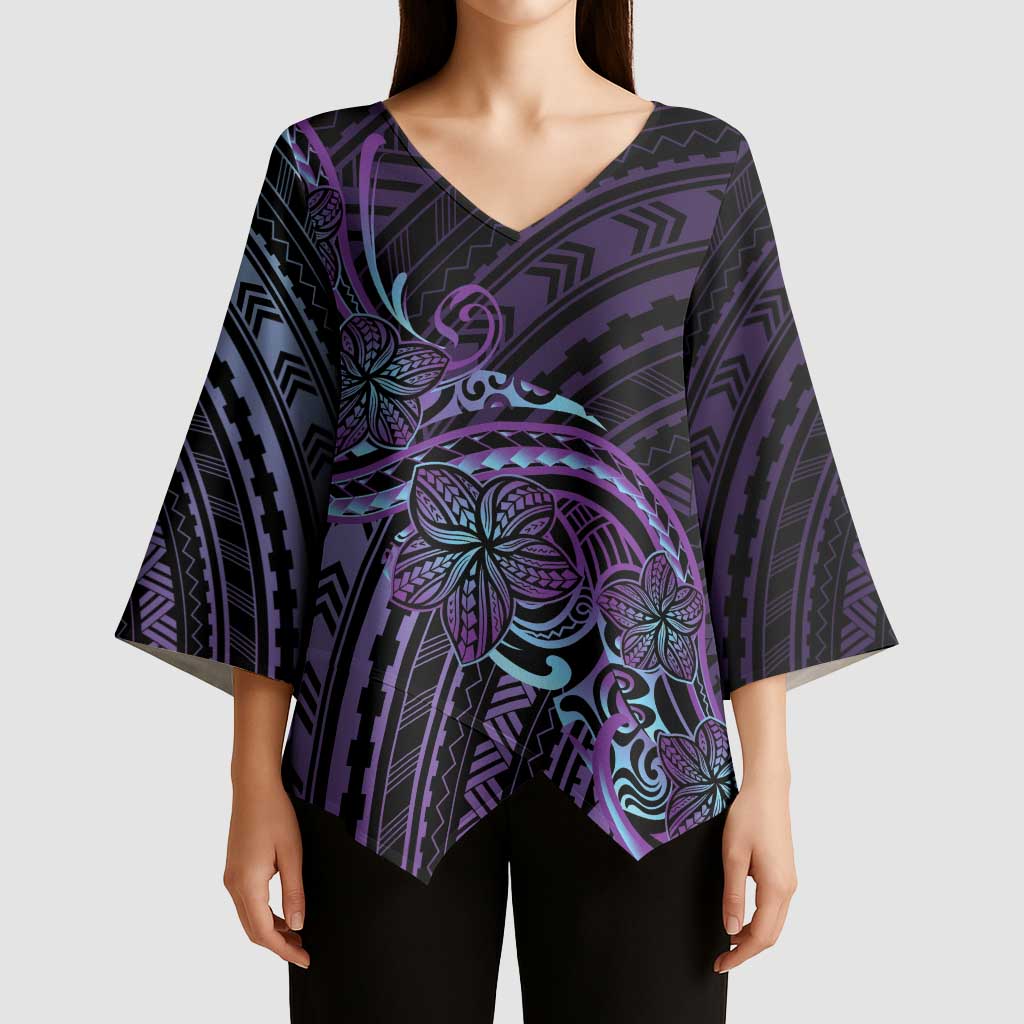 Teal Purple Polynesia Plumeria Tattoo Kimono Sleeve Blouse LT14 - Polynesian Pride