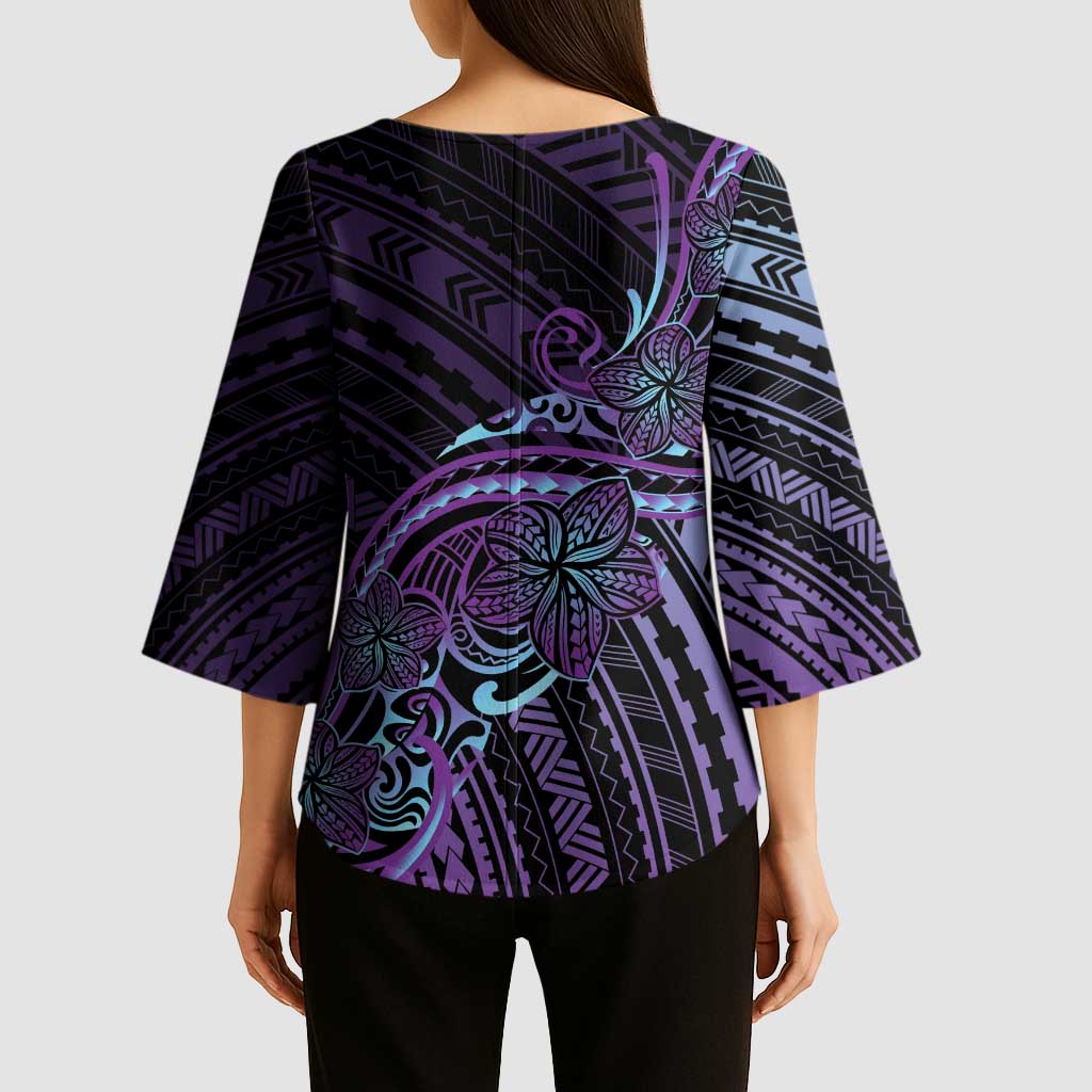 Teal Purple Polynesia Plumeria Tattoo Kimono Sleeve Blouse LT14 - Polynesian Pride