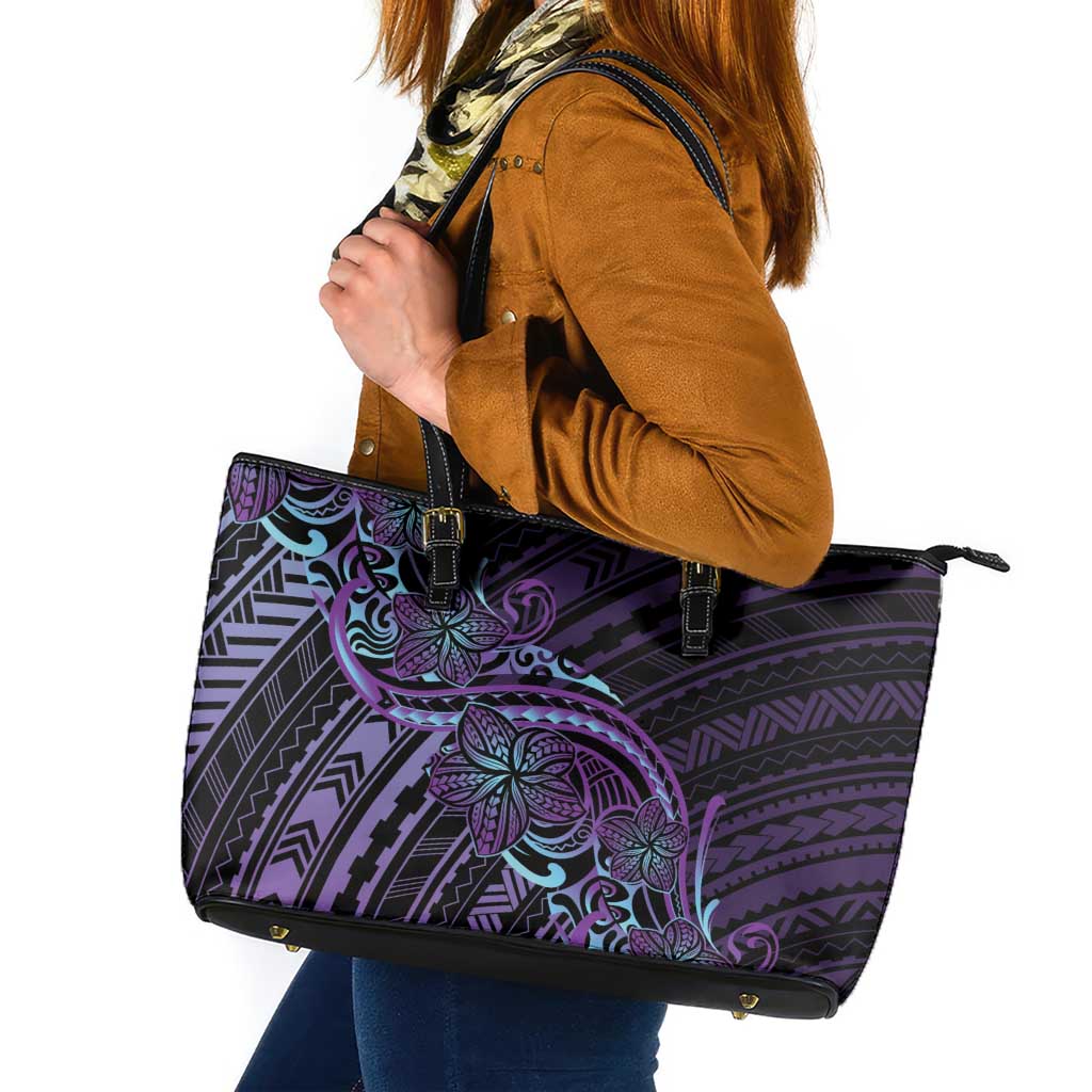 Teal Purple Polynesia Plumeria Tattoo Leather Tote Bag LT14 Purple - Polynesian Pride