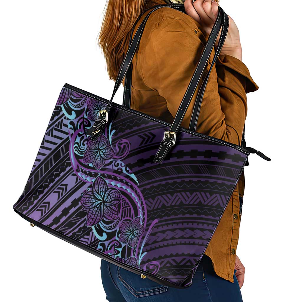 Teal Purple Polynesia Plumeria Tattoo Leather Tote Bag LT14 - Polynesian Pride