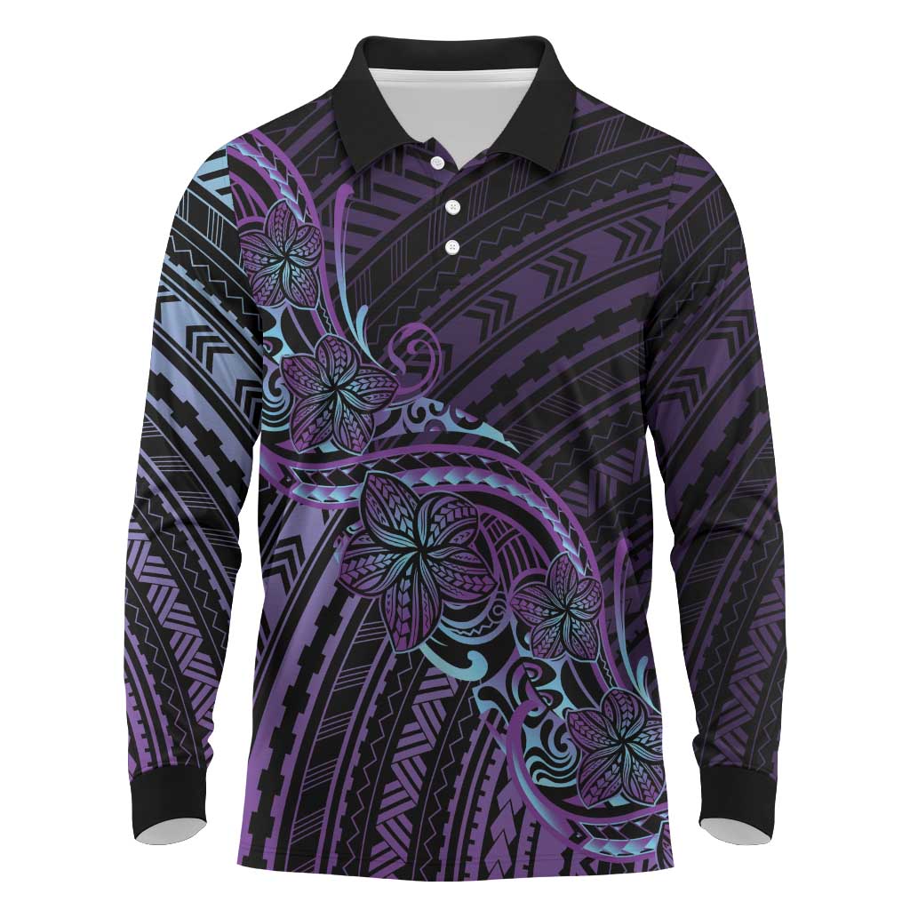 Teal Purple Polynesia Plumeria Tattoo Long Sleeve Polo Shirt LT14 Purple - Polynesian Pride