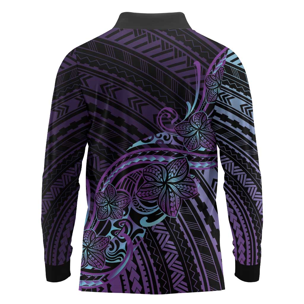 Teal Purple Polynesia Plumeria Tattoo Long Sleeve Polo Shirt LT14 - Polynesian Pride