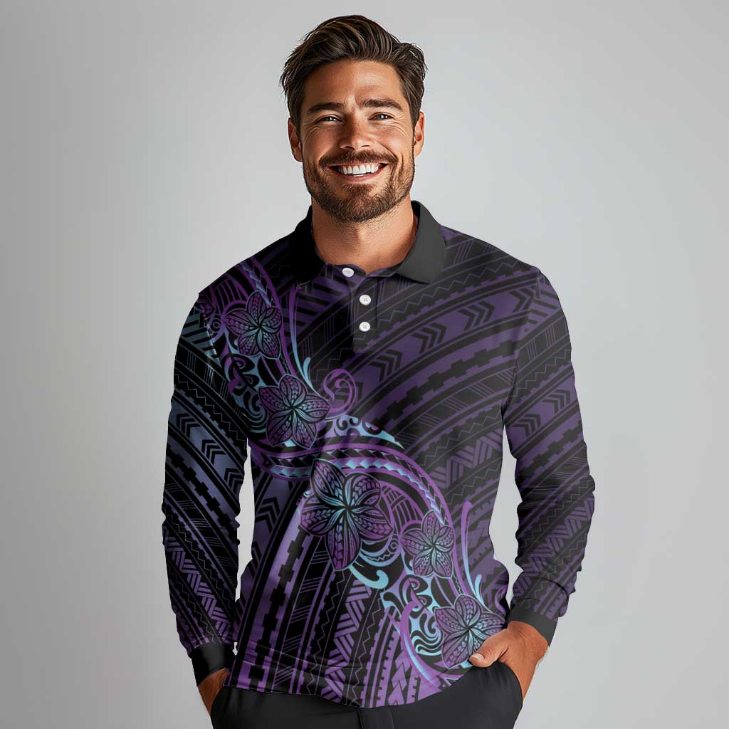 Teal Purple Polynesia Plumeria Tattoo Long Sleeve Polo Shirt LT14 - Polynesian Pride