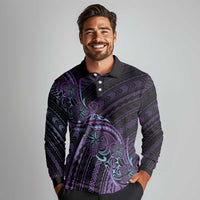 Teal Purple Polynesia Plumeria Tattoo Long Sleeve Polo Shirt LT14 - Polynesian Pride