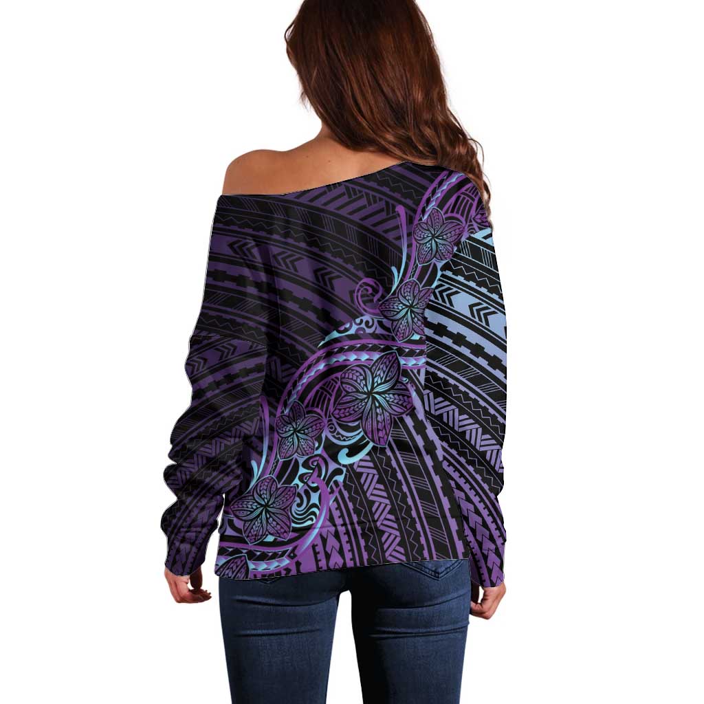 Teal Purple Polynesia Plumeria Tattoo Off Shoulder Sweater LT14 - Polynesian Pride