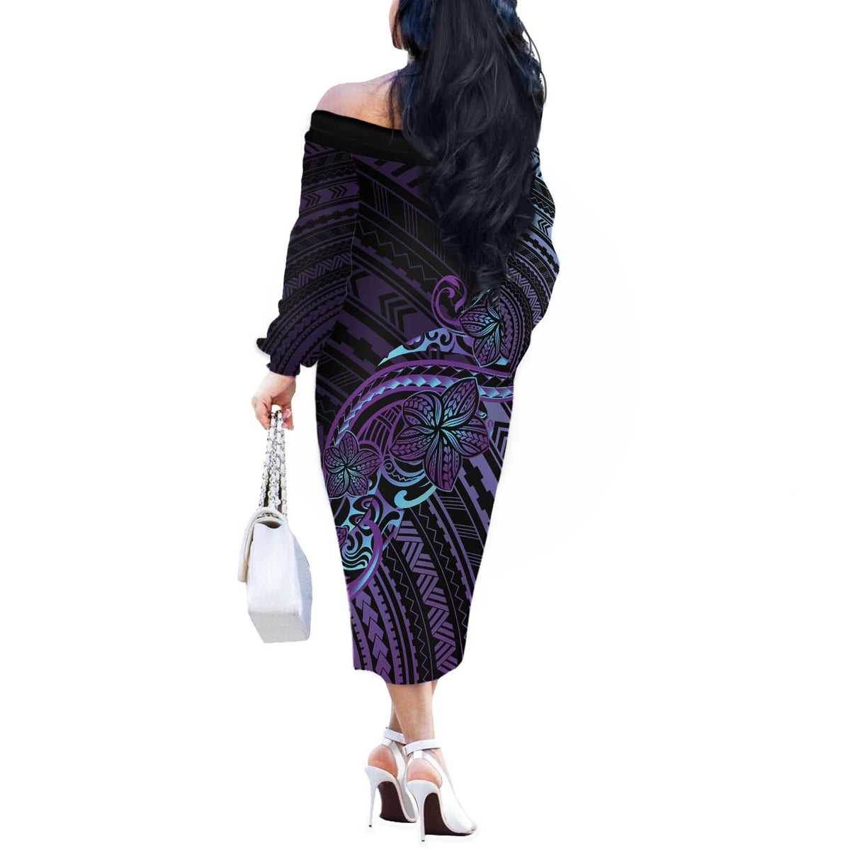 Teal Purple Polynesia Plumeria Tattoo Off The Shoulder Long Sleeve Dress