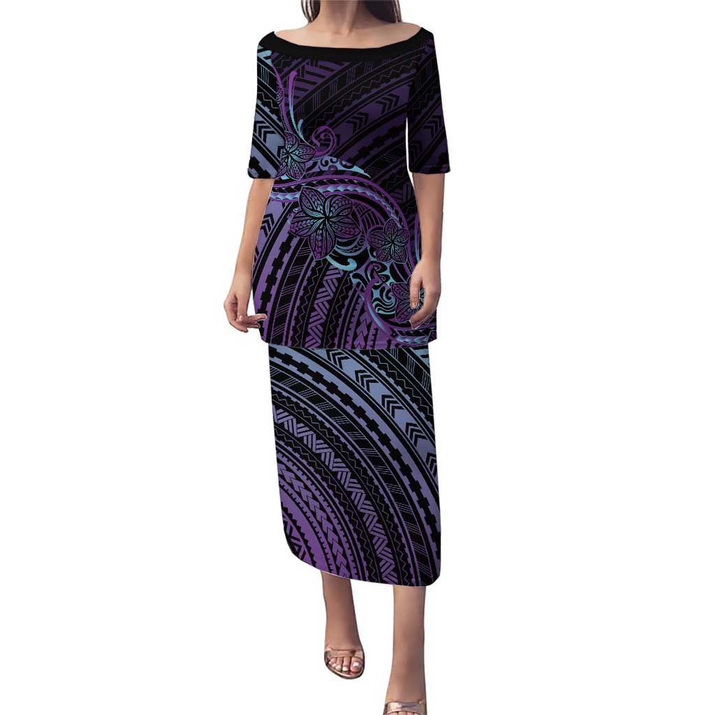 Teal Purple Polynesia Plumeria Tattoo Puletasi LT14 Long Dress Purple - Polynesian Pride