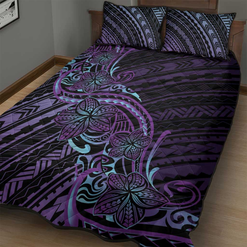 Teal Purple Polynesia Plumeria Tattoo Quilt Bed Set LT14 - Polynesian Pride