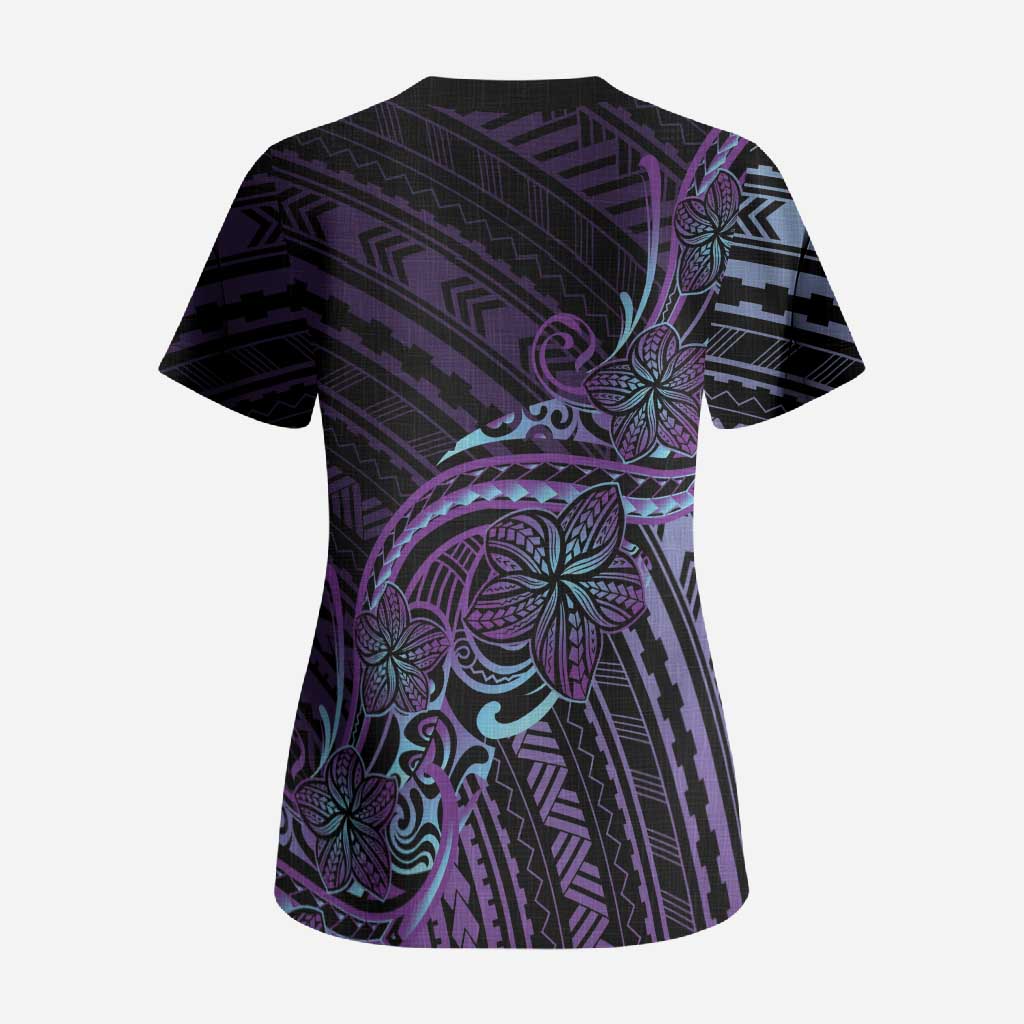 Teal Purple Polynesia Plumeria Tattoo Scrub Top LT14 - Polynesian Pride