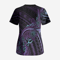 Teal Purple Polynesia Plumeria Tattoo Scrub Top LT14 - Polynesian Pride