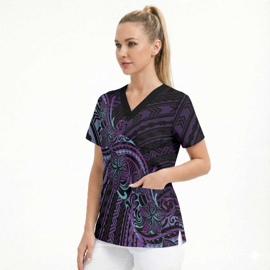 Teal Purple Polynesia Plumeria Tattoo Scrub Top LT14 - Polynesian Pride