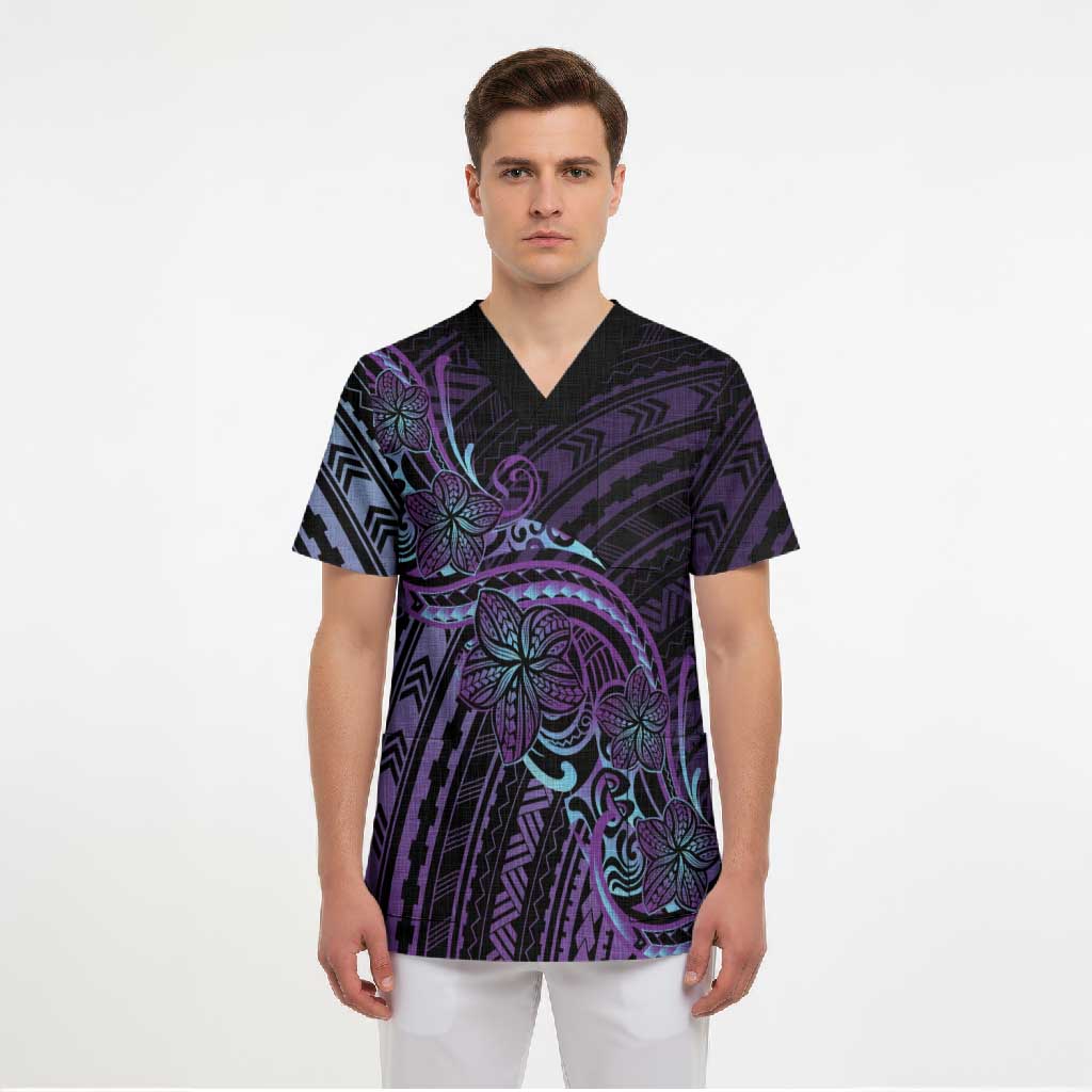 Teal Purple Polynesia Plumeria Tattoo Scrub Top LT14 - Polynesian Pride