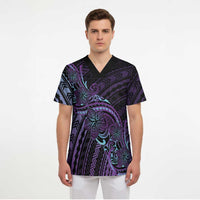 Teal Purple Polynesia Plumeria Tattoo Scrub Top LT14 - Polynesian Pride