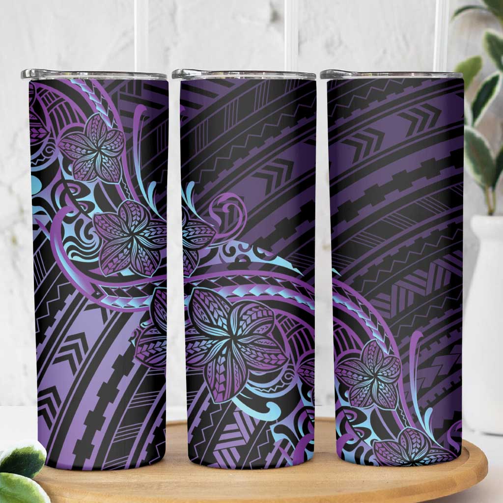 Teal Purple Polynesia Plumeria Tattoo Skinny Tumbler