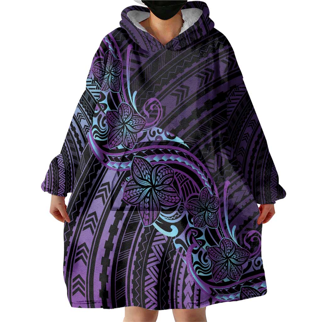Teal Purple Polynesia Plumeria Tattoo Wearable Blanket Hoodie LT14 - Polynesian Pride