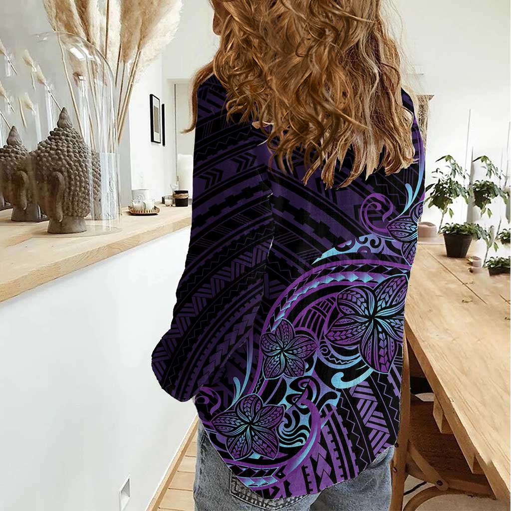 Teal Purple Polynesia Plumeria Tattoo Women Casual Shirt LT14 - Polynesian Pride