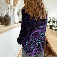 Teal Purple Polynesia Plumeria Tattoo Women Casual Shirt LT14 - Polynesian Pride