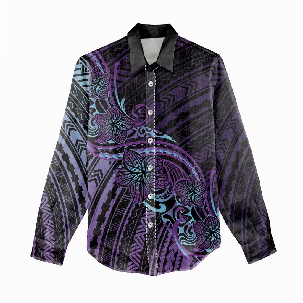 Teal Purple Polynesia Plumeria Tattoo Women Casual Shirt LT14 - Polynesian Pride
