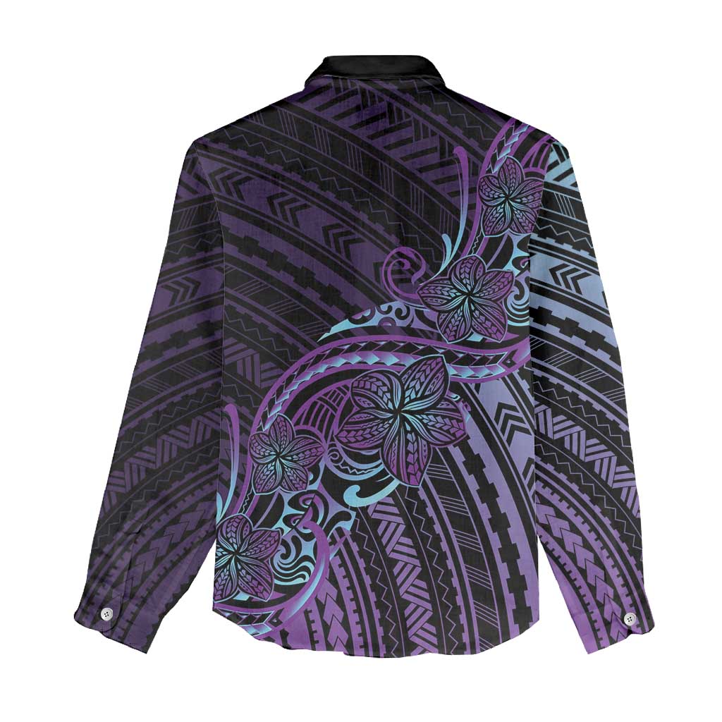Teal Purple Polynesia Plumeria Tattoo Women Casual Shirt LT14 - Polynesian Pride