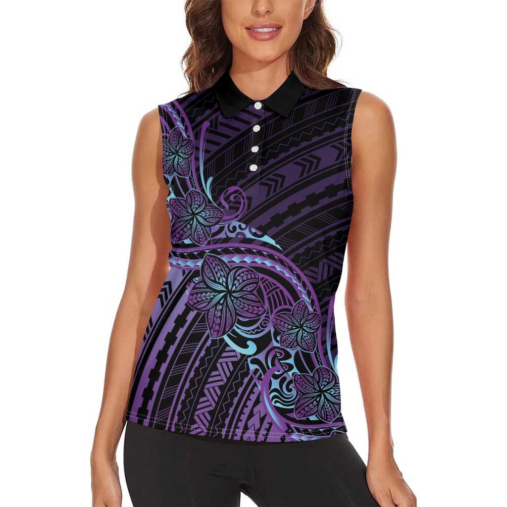 Teal Purple Polynesia Plumeria Tattoo Women Sleeveless Polo Shirt LT14 - Polynesian Pride