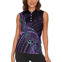 Teal Purple Polynesia Plumeria Tattoo Women Sleeveless Polo Shirt LT14 - Polynesian Pride