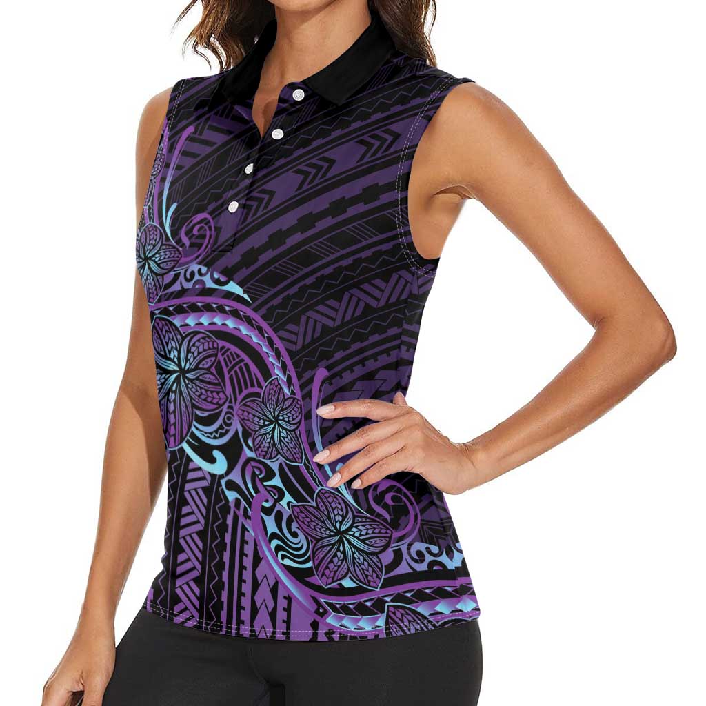 Teal Purple Polynesia Plumeria Tattoo Women Sleeveless Polo Shirt LT14 - Polynesian Pride