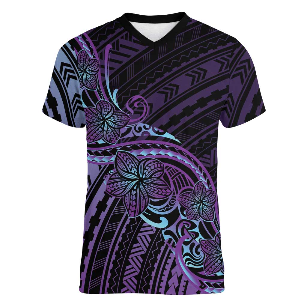 Teal Purple Polynesia Plumeria Tattoo Women V-Neck T-Shirt LT14 Female Purple - Polynesian Pride