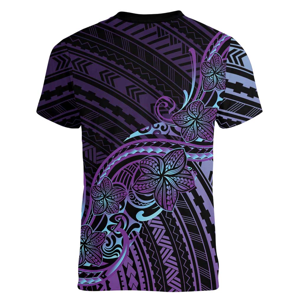 Teal Purple Polynesia Plumeria Tattoo Women V-Neck T-Shirt LT14 - Polynesian Pride