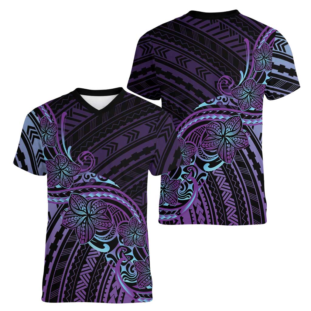 Teal Purple Polynesia Plumeria Tattoo Women V-Neck T-Shirt LT14 - Polynesian Pride