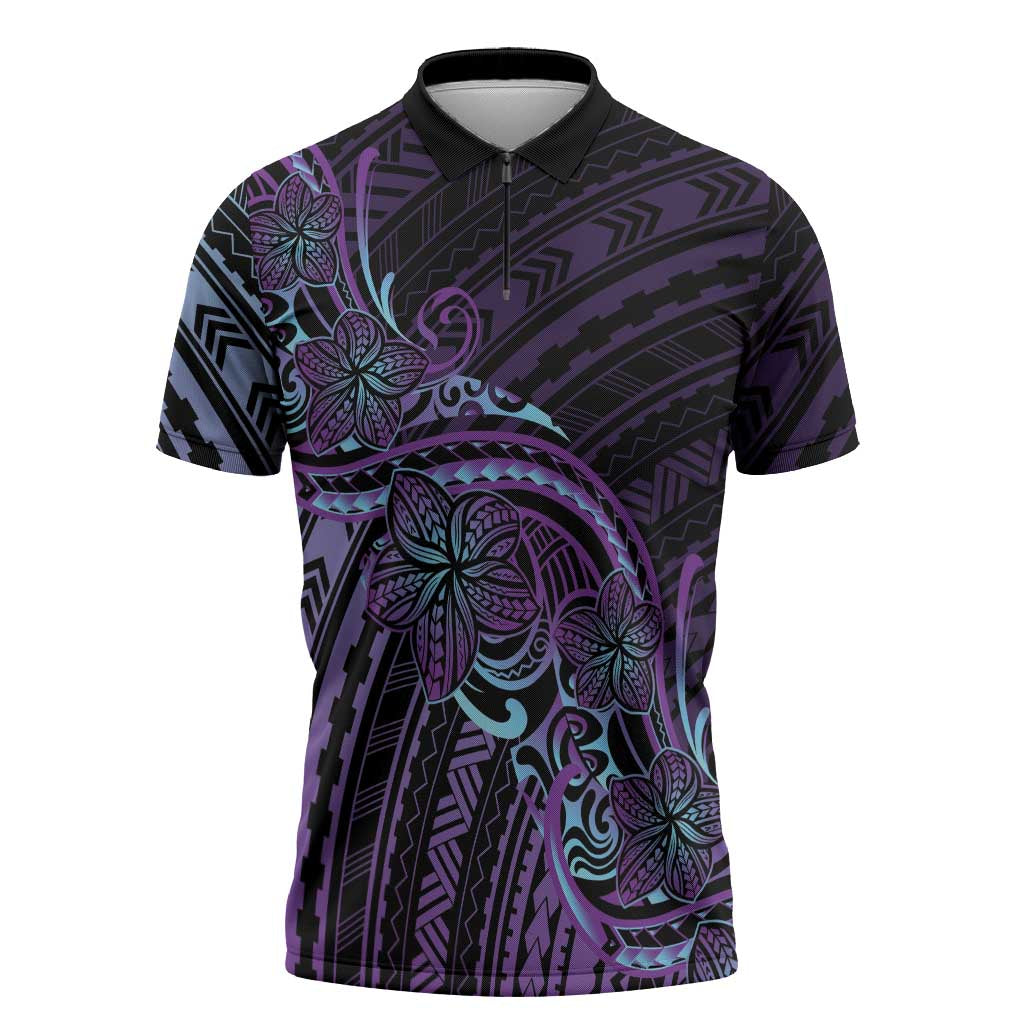 Teal Purple Polynesia Plumeria Tattoo Zipper Polo Shirt LT14 Purple - Polynesian Pride