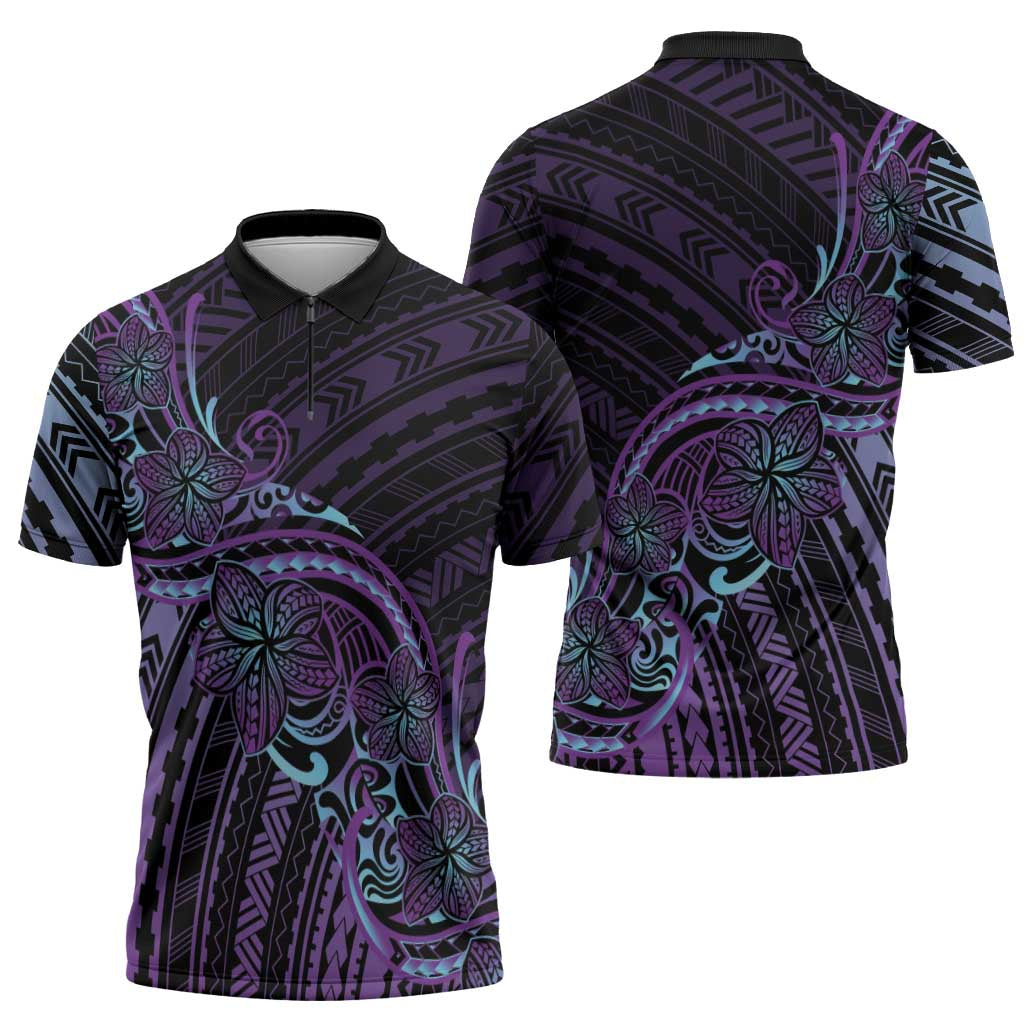 Teal Purple Polynesia Plumeria Tattoo Zipper Polo Shirt LT14 - Polynesian Pride