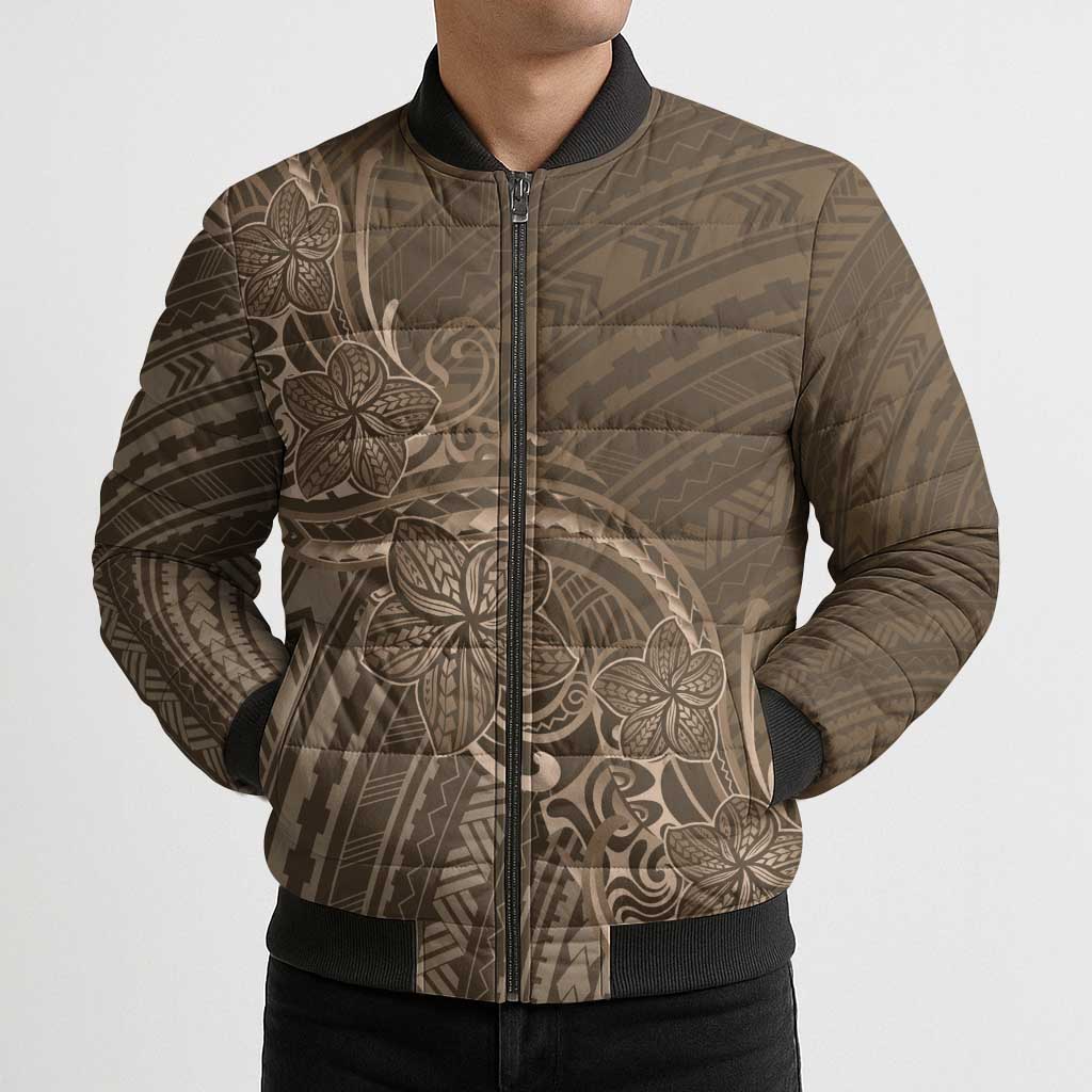 Brown Polynesia Plumeria Tattoo Bomber Puffer Jacket LT14 - Polynesian Pride