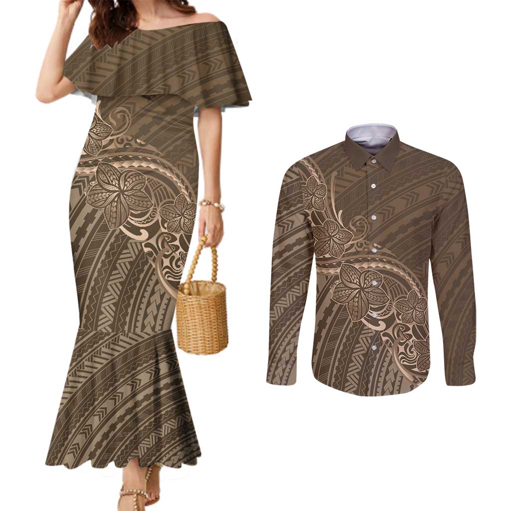Brown Polynesia Plumeria Tattoo Couples Matching Mermaid Dress and Long Sleeve Button Shirt LT14 Brown - Polynesian Pride