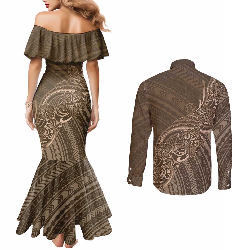 Brown Polynesia Plumeria Tattoo Couples Matching Mermaid Dress and Long Sleeve Button Shirt LT14 - Polynesian Pride